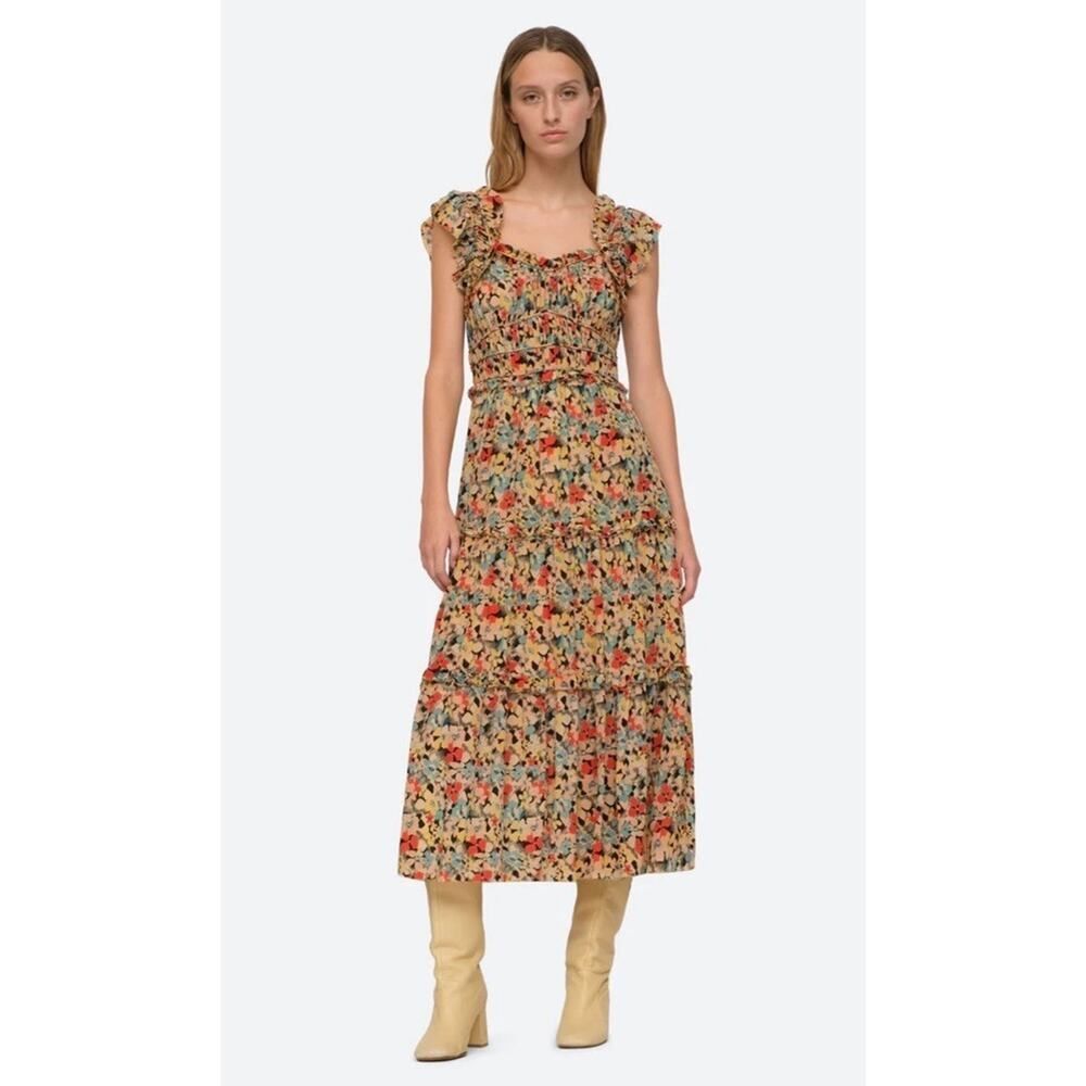 Sea NY Ensley Floral Midi Dress Silk Cotton Ruffle Tiered XS